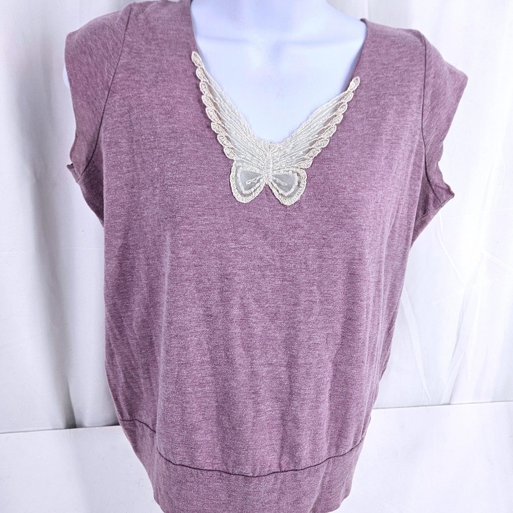 Vtg 90s dELiA*s Womens Purple Butterfly Beaded Lace Tie Neck Cap Sleeve Top M/Lg